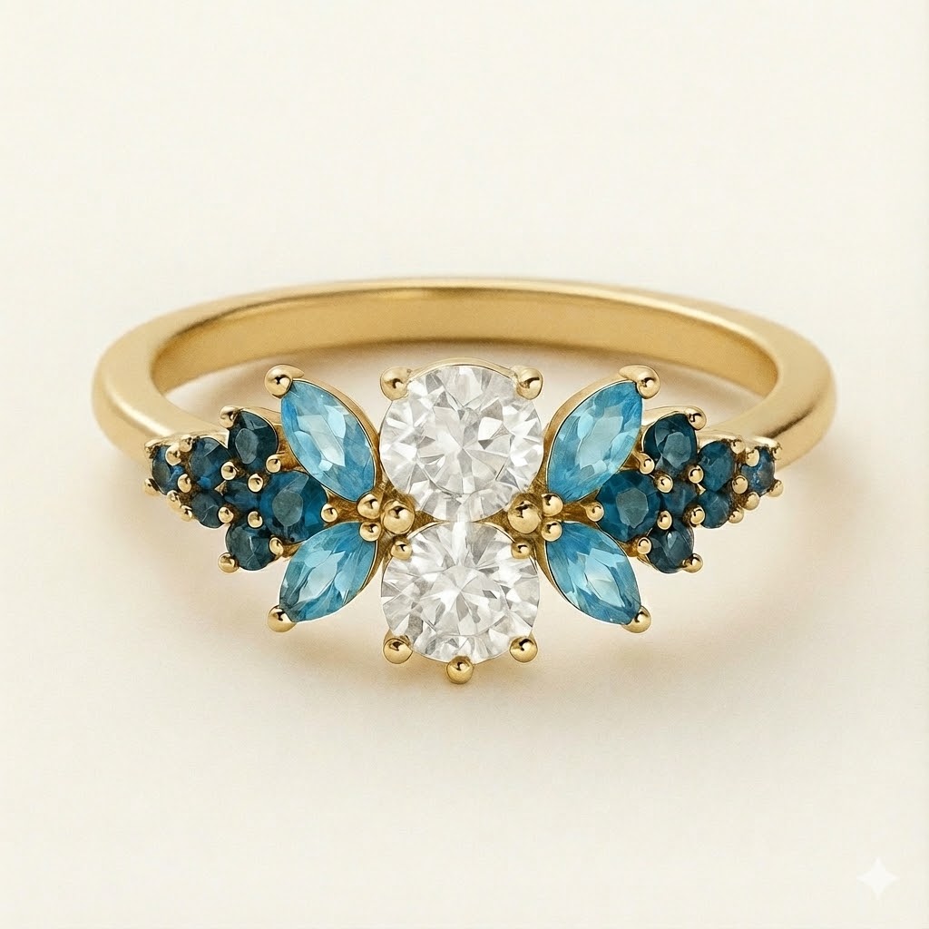CVD diamonds and Blue Topaz ring